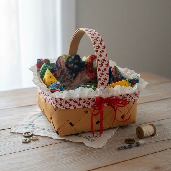 UGG Other - Woven Basket Fabric Cushioned Liner Heart Trim 7.5” Farmhouse Grannycore Decor